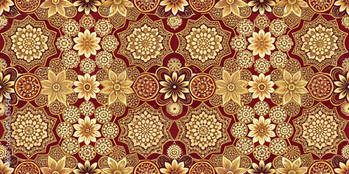 Intricate gold floral patterns on a deep red background create a rich tapestry design.