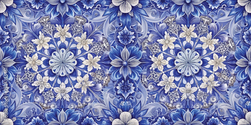 Intricate blue and white floral pattern showcasing detailed artistry and elegance.