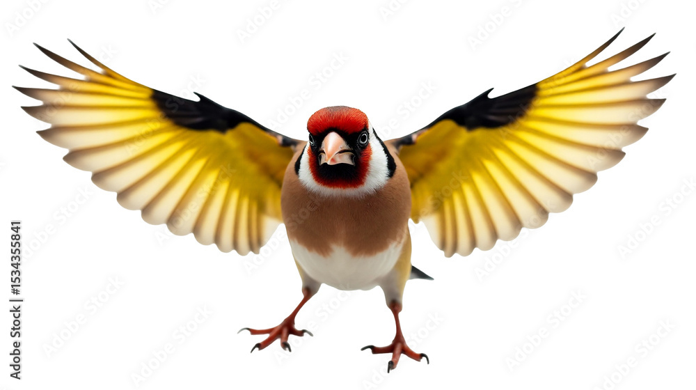Naklejka premium European goldfinch with vibrant colors in mid-flight displaying wings in striking V shape