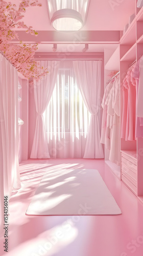A serene, pastel pink walk-in closet with soft lighting and neatly arranged clothes.