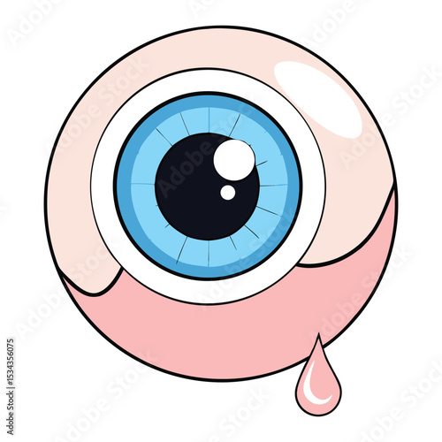 A detailed human eyeball shedding a single, clear tear, capturing raw emotion with realistic textures and subtle reflections on the wet surface.

