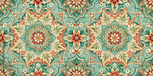 Intricate floral pattern in teal and red with vintage elegance.