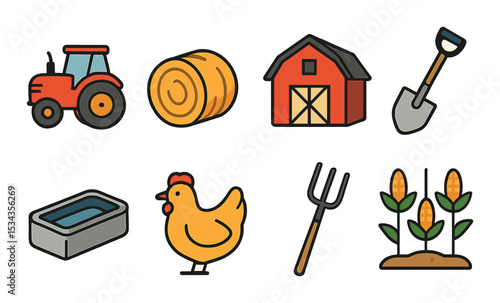 Farm life icons set – outline, agriculture and farming symbols collection