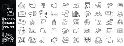 Speaking line editable icon set. Speaking icon set. Communication related icons: speech, talk, discussion, speech bubble, team, meeting, people, business and more