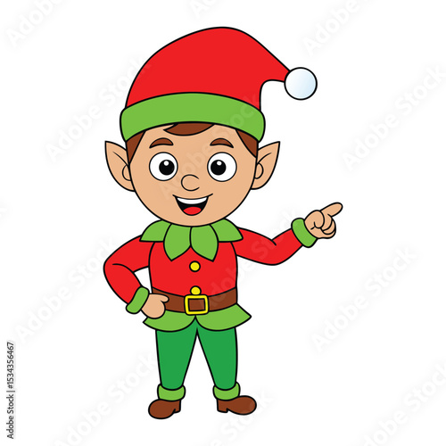 Adorable Christmas elf cartoon with a big smile, wearing a festive outfit and hat, happily pointing to the side—perfect for holiday fun and cheerful designs!

