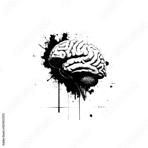 Graffiti-style human brain with ink splash in black and white vector illustration