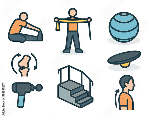 Physical therapy linear icons set – exercise, rehab and wellness symbols