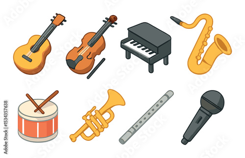 Musical instruments icons set – isometric, 3d orchestral and band graphics