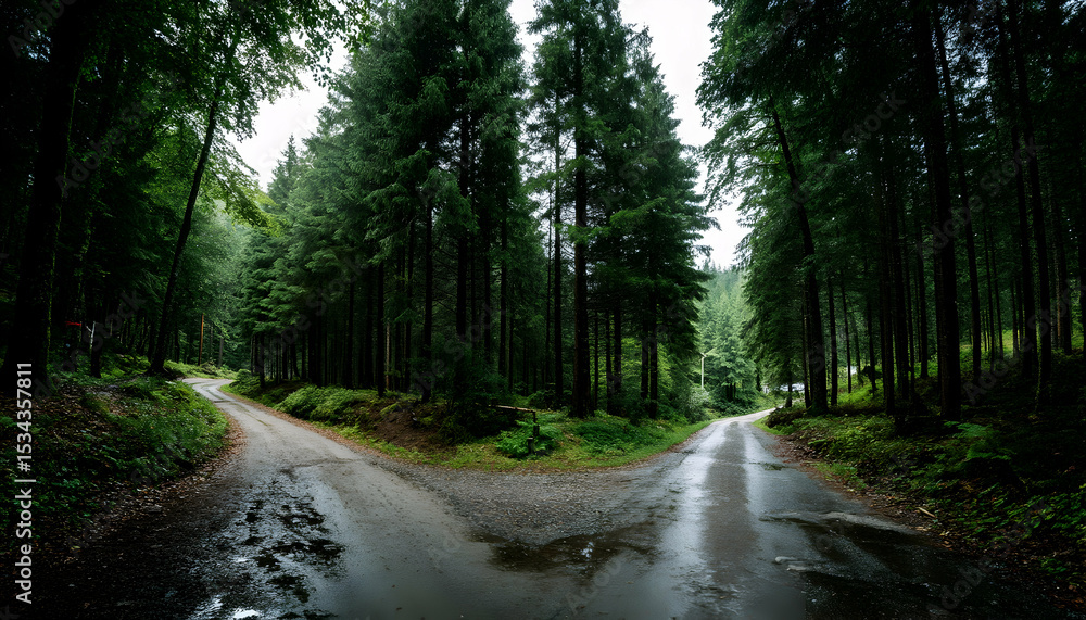 Fototapeta premium A forest road splitting into two paths at a crossroads -