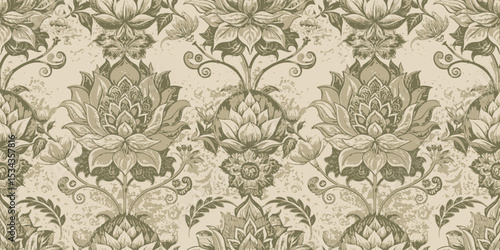 Elegant floral pattern featuring intricate lotus designs in muted earthy tones.