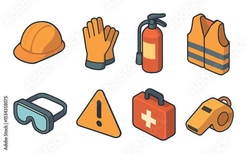 Safety equipment icons set – outline, protective gear and hazard symbols collection
