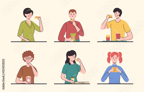 Cartoon Color Different Characters People Eating Chips, Popcorn and Pizza Concept Flat Design Style. Vector illustration