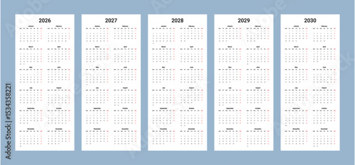 Vector calendar set 2026-2030 editable and printable.