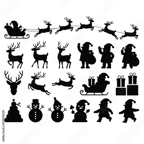 a festive collection of 21 black silhouette christmas icons featuring santa, reindeer, snowmen, and gift elements in grid layout
