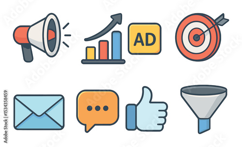 Digital marketing icons set – flat, online advertising and social media symbols