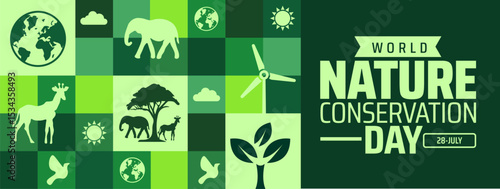 World Nature Conservation Day background or banner design with Green Geometric Mosaic with Earth, Trees, Animals, and Wind Turbine for Environmental Awareness.