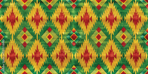 Vibrant geometric pattern in red, yellow, and green with intricate diamond shapes.