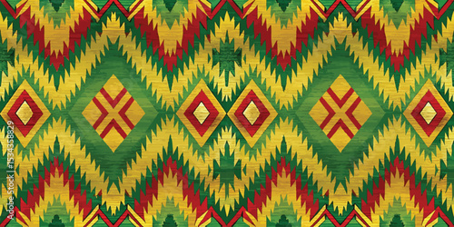 Vibrant geometric pattern with red, green, and yellow colors, evoking cultural traditions.
