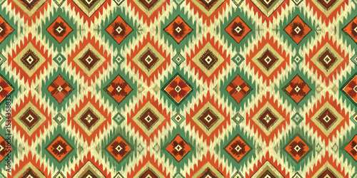 Colorful diamond pattern in earthy tones with greens and reds.