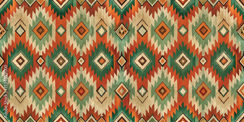 Colorful geometric tribal pattern with earthy tones and sharp angles.