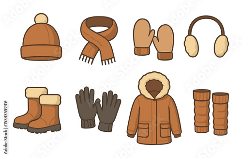Winter wear icons set – outline, warm clothing and accessories symbols