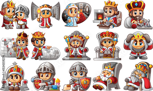 Cartoon image shows fifteen cartoon characters in different styles kings in crowns on thrones, knights in armor with swords and shields, and kings playing chess or sleeping.