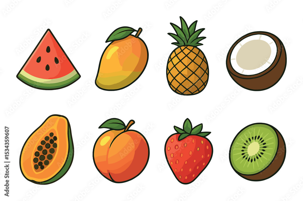 Summer fruits icons set – flat, simple and colorful symbol designs Summer fruits icons set – flat, simple and colorful symbol designs