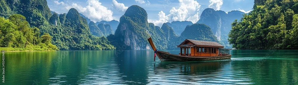 Fototapeta premium Boat on a calm lake surrounded by lush green mountains and blue sky.