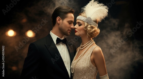 Elegant couple in vintage attire sharing an intimate moment in the dark