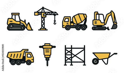 Construction equipment icons set – outline, machinery and tools for building projects