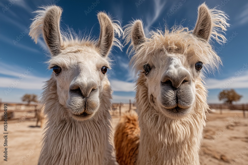 Obraz premium Two fluffy llamas pose under a bright blue sky, conveying curiosity and charm. Their woolly coats and expressive faces captivate the viewer.