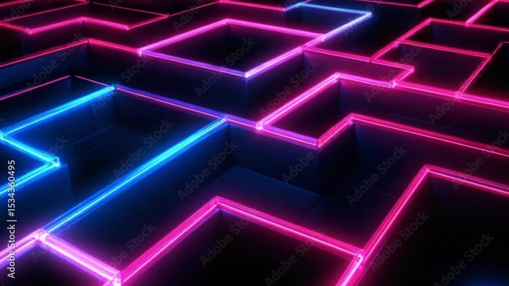 Geometric composition of layered blocks highlighted with bright neon pink and blue light strips Geometric composition of layered blocks highlighted with bright neon pink and blue light strips