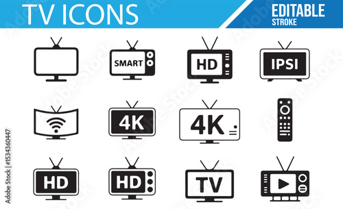 Set of TV, Smart TV, and Display Icons for Media and Technology