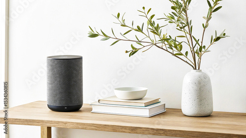 Modern minimalist speaker sits on a light wood table, next to a speckled vase and olive branch