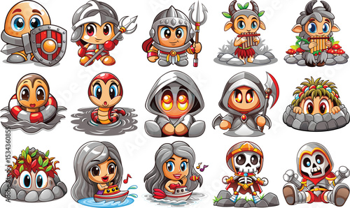 Wallpaper Mural Cute Cartoon Character Set Featuring Knights, Mythological Creatures, And Characters in Aquatic Themes Torontodigital.ca