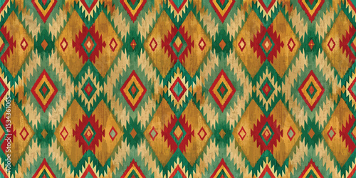 Colorful textile pattern featuring geometric shapes in warm tones.