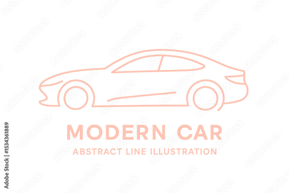 Obraz premium The abstract line illustration of a modern car is designed for cards, flyers, and other materials, showcasing a sleek auto silhouette on a bold red background with vector text outlined