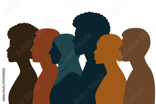 The concept of anti-racism and racial equality is embodied by a silhouette profile of a diverse group of people from different ethnic and cultural backgrounds, living in harmony in a multicultural