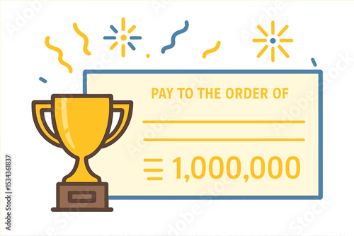 Vector illustration of a winning check in a payment event, set against a background with an empty blank mockup, symbolizing an abstract lottery concept through art design
