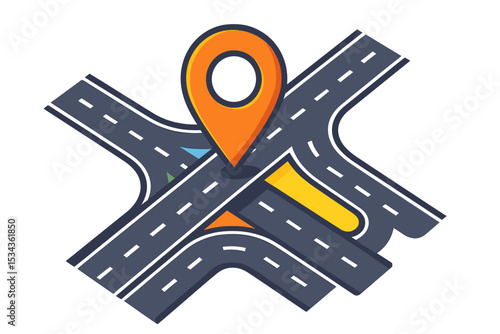 A bright and colorful vector illustration on a white background depicting a roadway with a pin and a road junction map as an infographic element