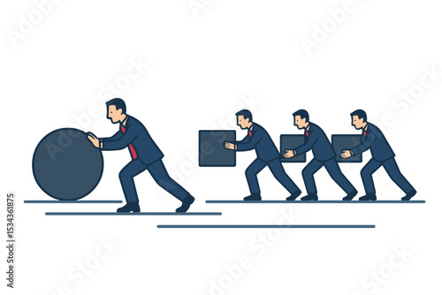 A businessman is in the lead, propelling a sphere, while others lag behind, struggling with boxes