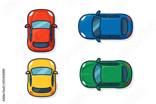 A top view of cars is set against a background, highlighting a cute and beautiful cartoon transport with realistic car design, complete with shadows, in a modern urban civilian vehicle illustration