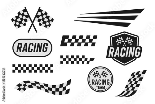 Motorsport championship or rally racing tournament vintage vector symbols or decals set with a victory checkered flag includes race sport car stripe stickers, checker decals, and motocross