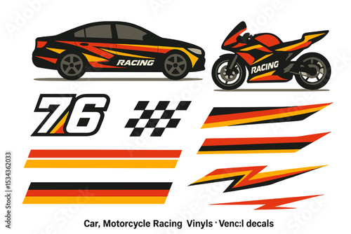 Racing vehicle decals, vinyls, and graphics for motorcycles and cars are available