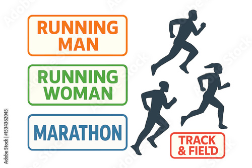 Editable vector graphics featuring running individuals with labels and silhouette options