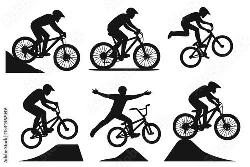Vector silhouette collection showcasing bicycles for downhill, cross country, freeride, trial, slopestyle, dirt jump, BMX, and mountain biking