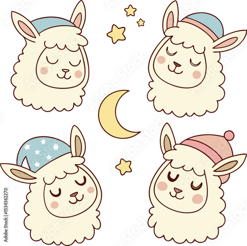 Adorable Sleepy Alpaca Faces with Night Sky and Moon Illustration - Cute Bedtime Animal Art for Kids' Decor and Nursery Design