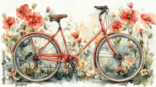 A vintage bicycle with an old frame and pedals rests isolated in a garden