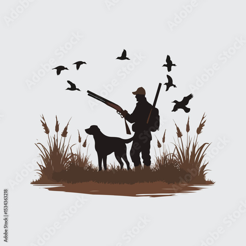 Hunter with dog and shotgun silhouette in marsh