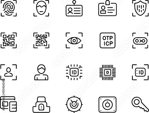 Digital Identity Line Icon Set – Minimal Thin Stroke Icons of Biometric Scan, User Security, ID Verification, and Online Privacy, Clean Outline Style for UI/UX and Web
